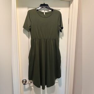 Olive Green Short Sleeve Fit-and-Flare Dress with pockets